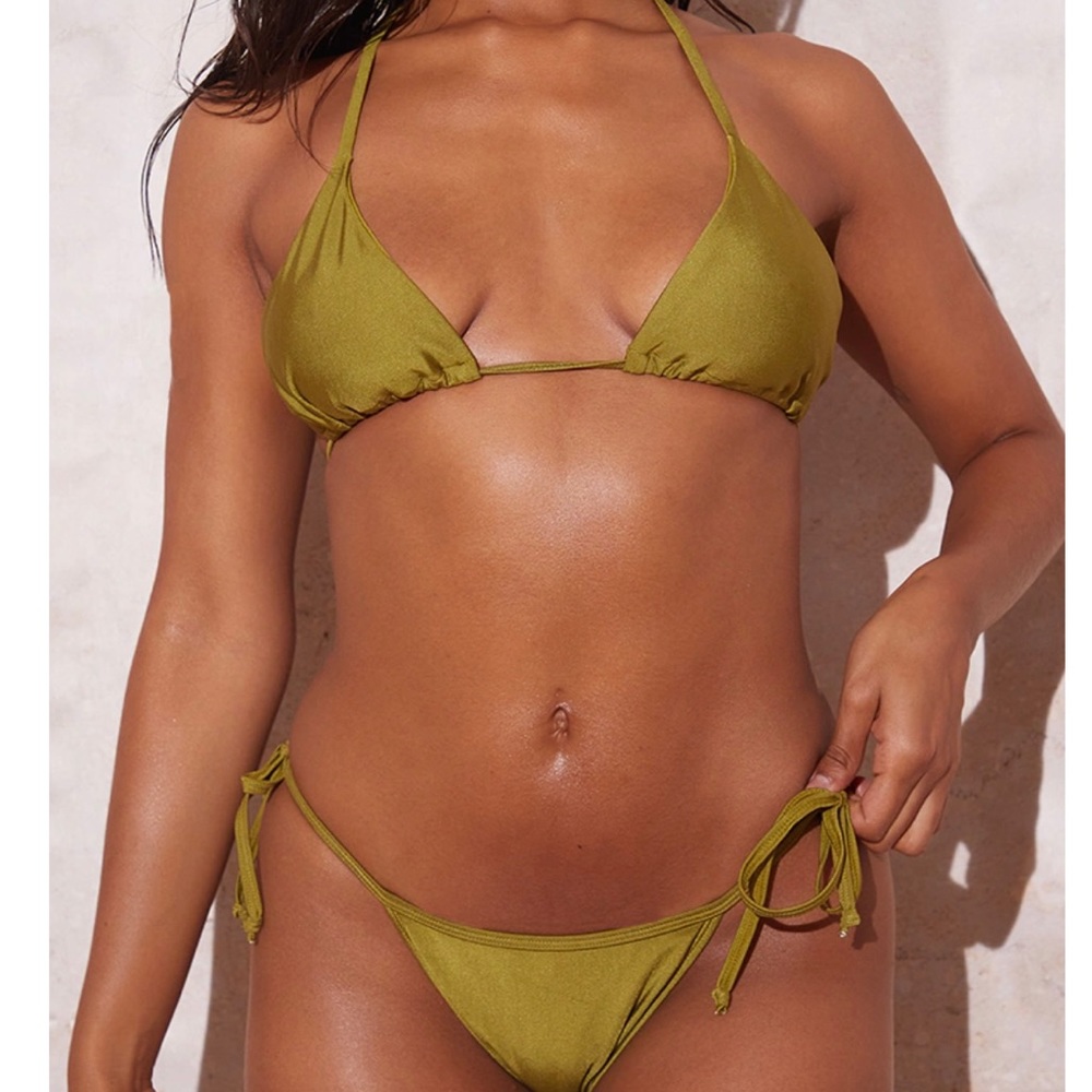 PrettyLittleThing Shiny Olive Mix & Match Tie Side Bikini Bottoms